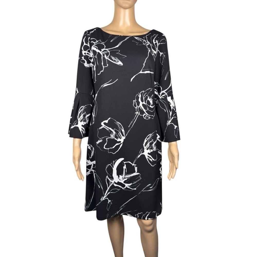 NWT New RALPH LAUREN Black Floral Print Bell Sleeve Shift Dress Size 10